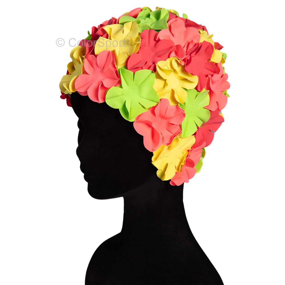Úszósapka Flower - Sárga-Zöld-Korall-Piros - prémium szilikon úszósapka, kényelmes viselet, tartós úszófelszerelés, vízi sportok