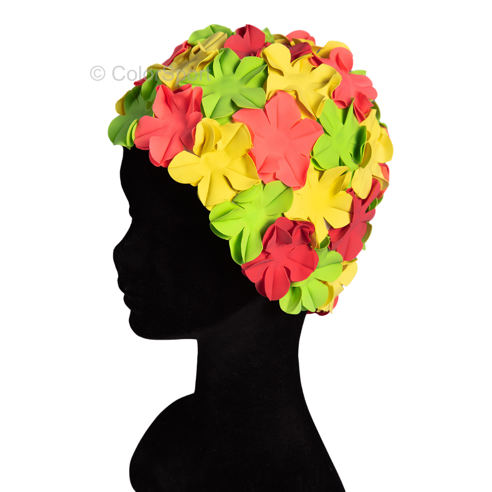 Úszósapka Flower - Sárga-Zöld-Korall-Piros - prémium szilikon úszósapka, kényelmes viselet, tartós úszófelszerelés, vízi sportok