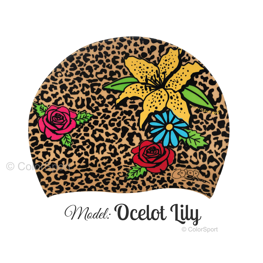 Úszósapka Mintás Limited Design - Ocelot Lily - prémium szilikon úszósapka, kényelmes viselet, tartós úszófelszerelés, vízi sportok, felnőtt úszósapka, sport úszófelszerelés